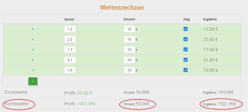 Wettrechner für Einzelwette und Kombiwette